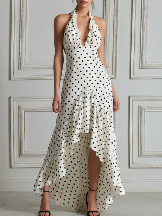 V-Neck Polka Dot Ruffle Strap Bodycon Midi Dress