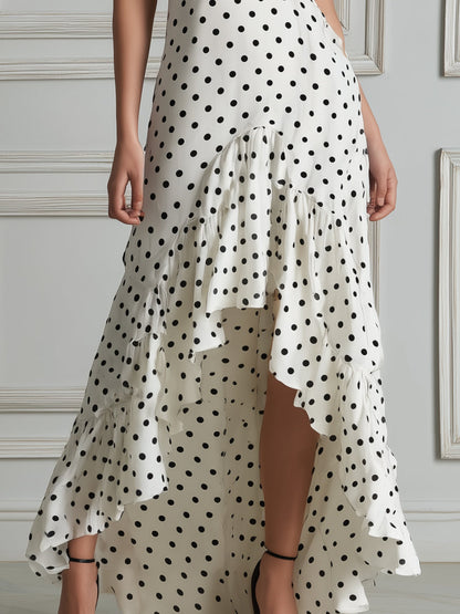 V-Neck Polka Dot Ruffle Strap Bodycon Midi Dress