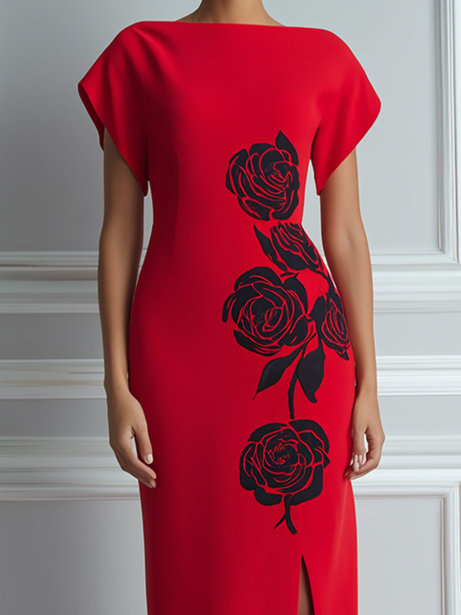 Elegant Rose Print Column Gown