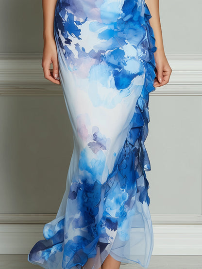 Off-Shoulder Abstract Print Ruffle Hem Bodycon Maxi Dress