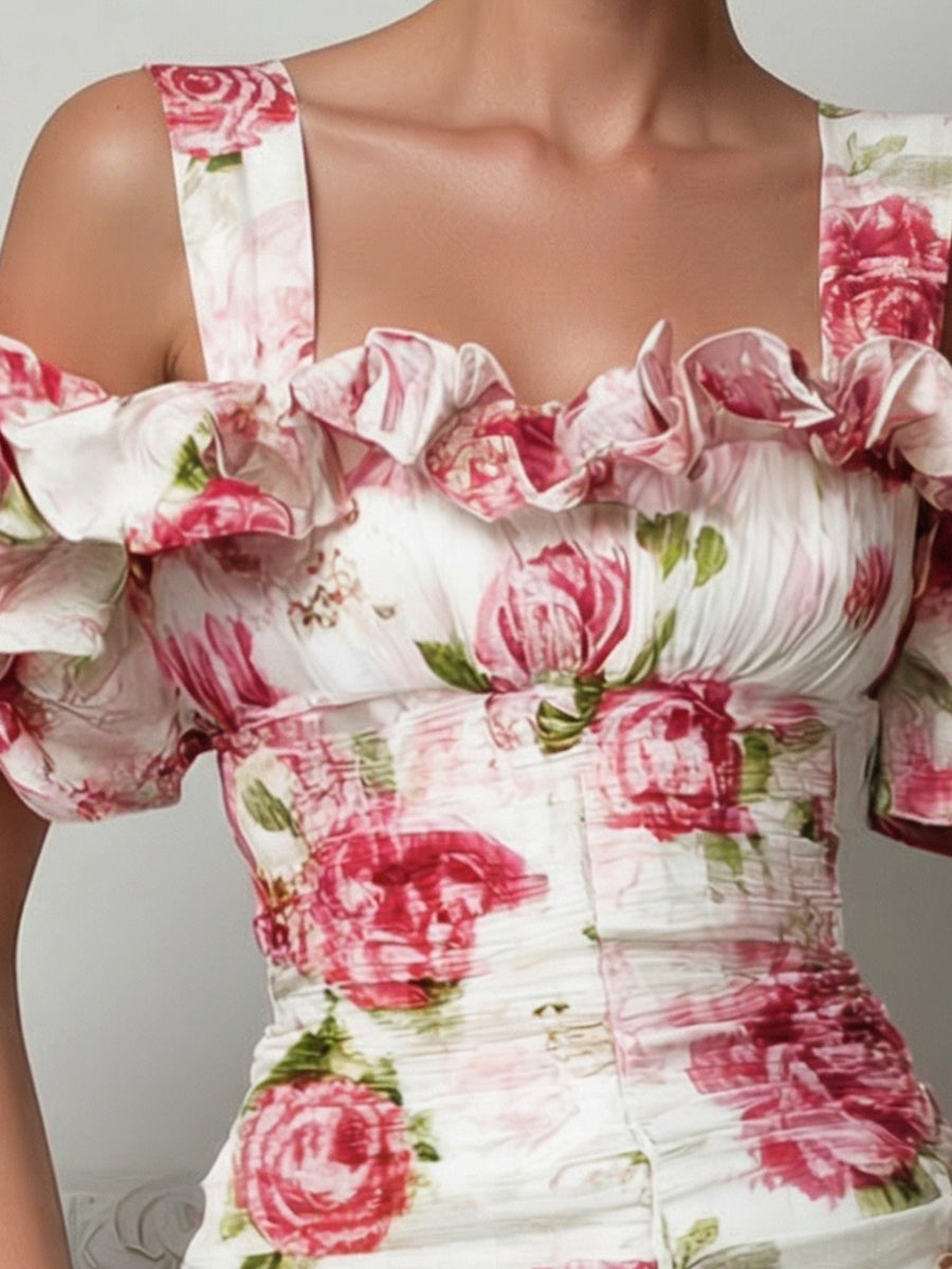 Square-Neck Floral Ruffle Sleeve Bodycon Mini Dress