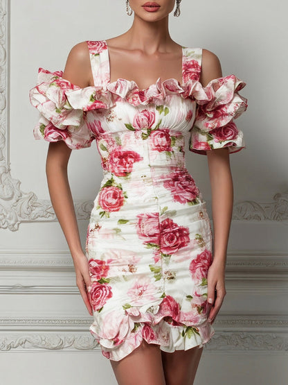 Square-Neck Floral Ruffle Sleeve Bodycon Mini Dress