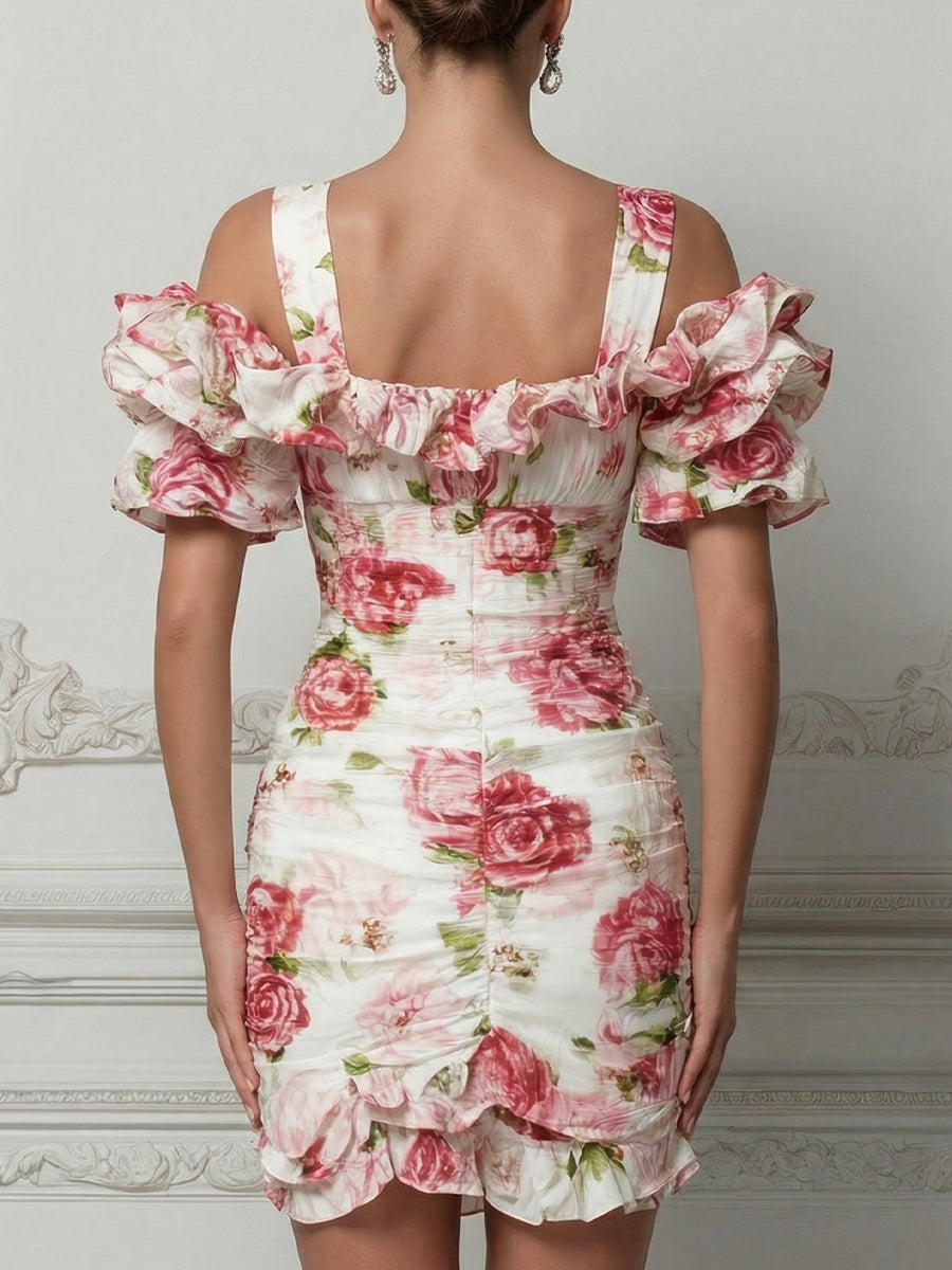Square-Neck Floral Ruffle Sleeve Bodycon Mini Dress