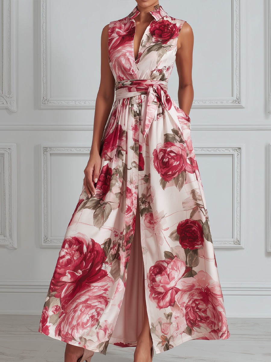 Sleeveless Floral Wrap Waist A-Line Maxi Dress
