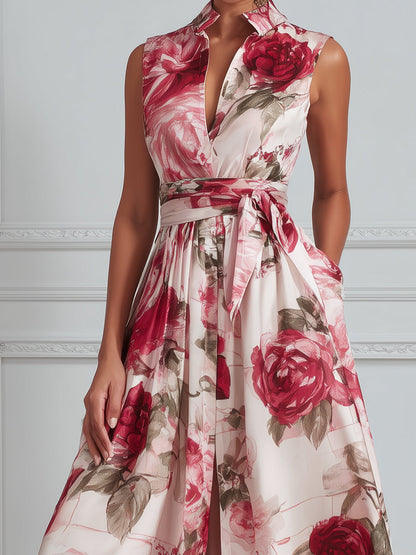 Sleeveless Floral Wrap Waist A-Line Maxi Dress