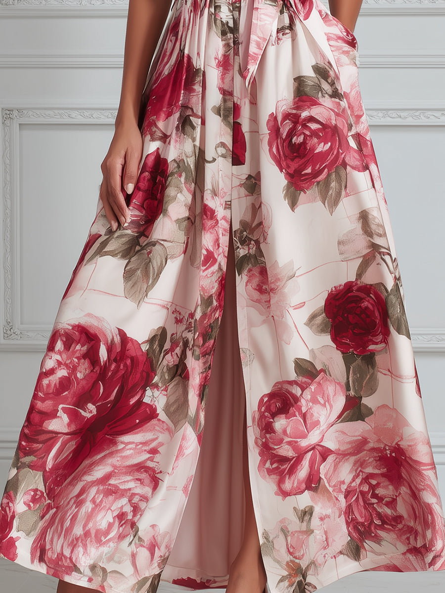 Sleeveless Floral Wrap Waist A-Line Maxi Dress