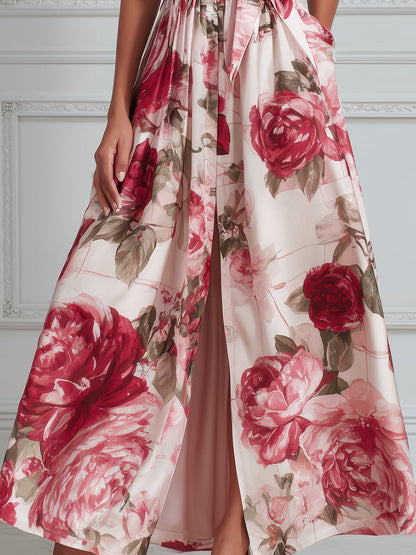 Sleeveless Floral Wrap Waist A-Line Maxi Dress