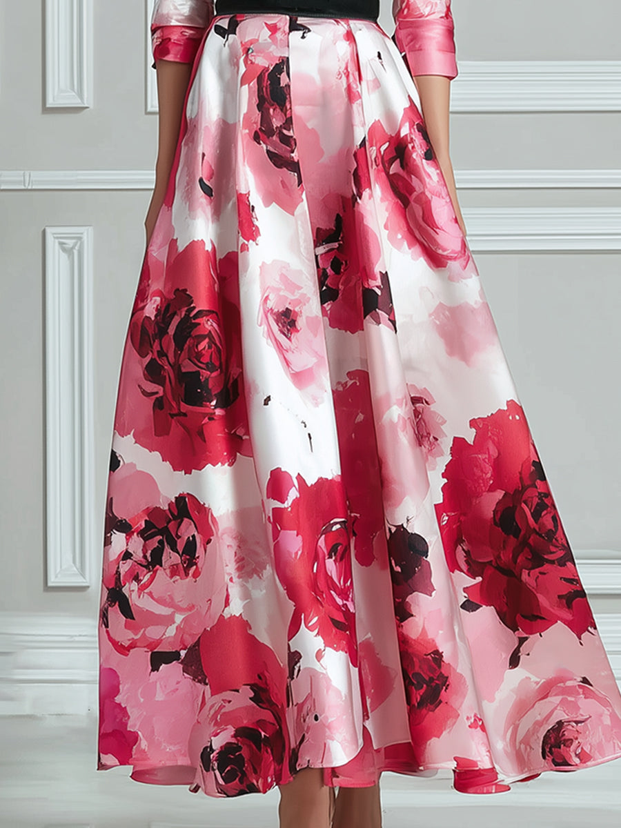 Floral Print Belted A-Line Midi Dress