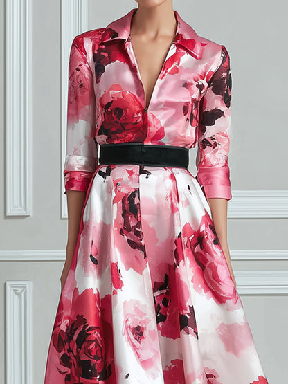 Floral Print Belted A-Line Midi Dress