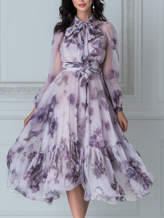 Flowy Watercolor Floral Purple Chiffon Midi Dress