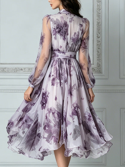 Flowy Watercolor Floral Purple Chiffon Midi Dress