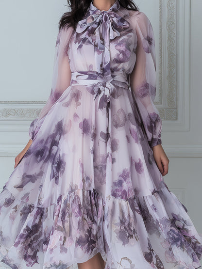 Flowy Watercolor Floral Purple Chiffon Midi Dress