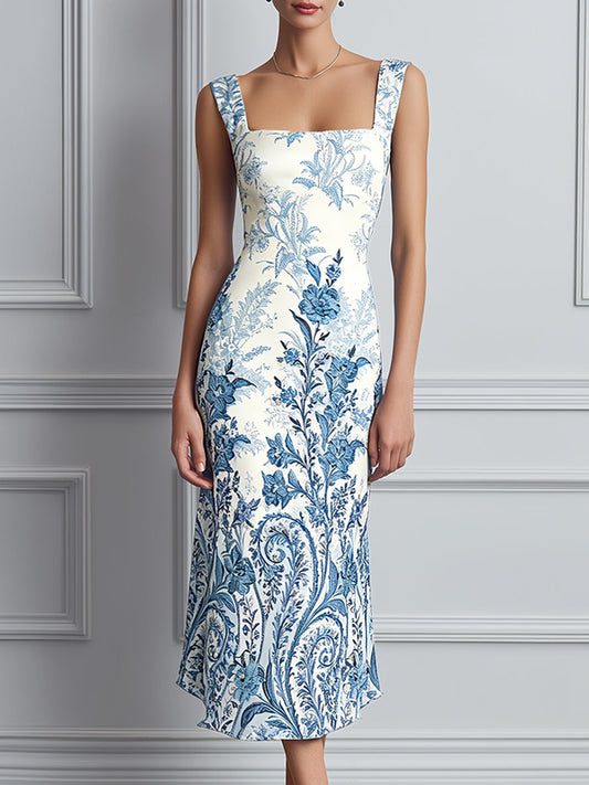 Vintage Porcelain Print Midi Dress