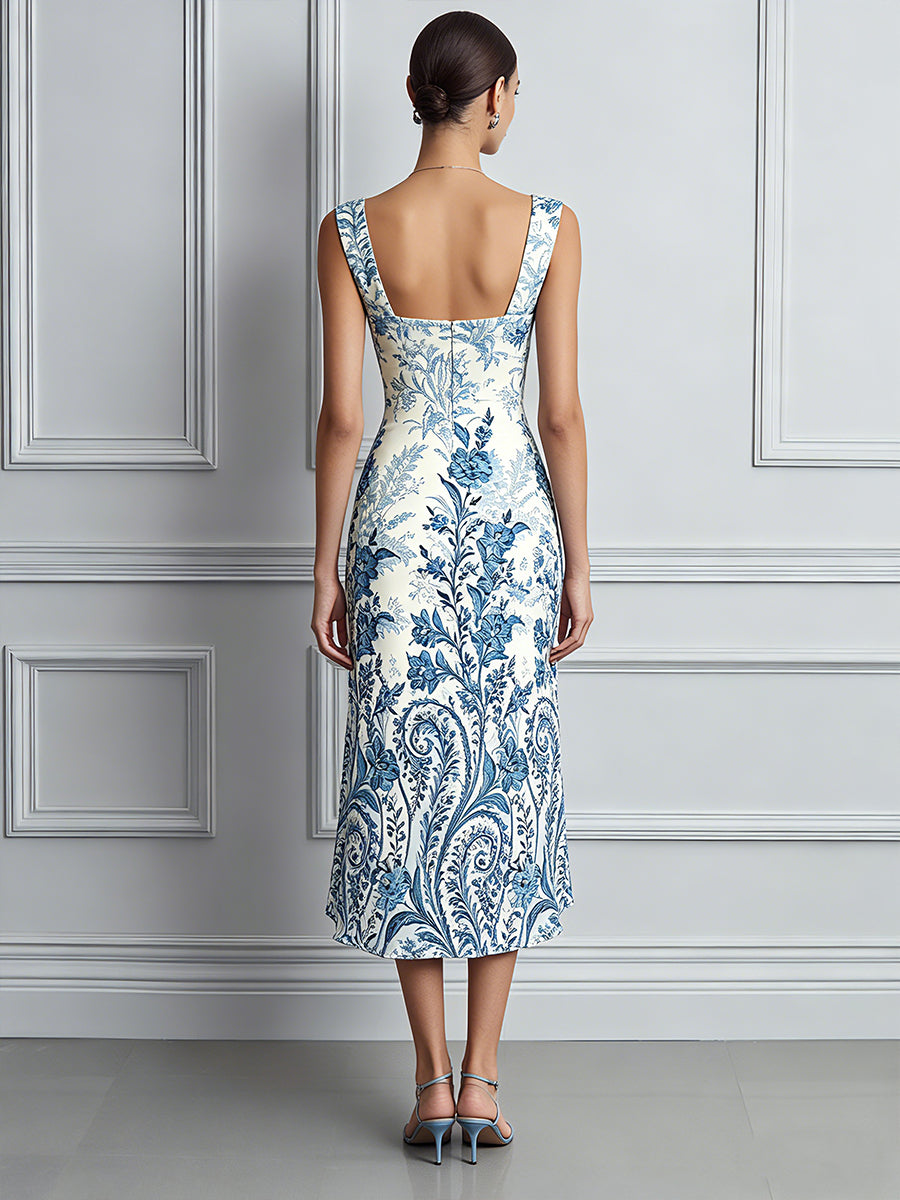 Vintage Porcelain Print Midi Dress