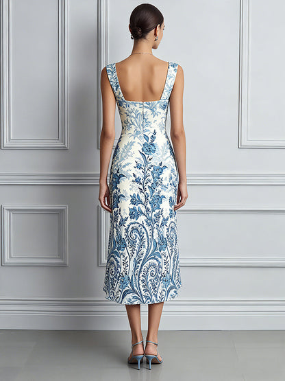 Vintage Porcelain Print Midi Dress