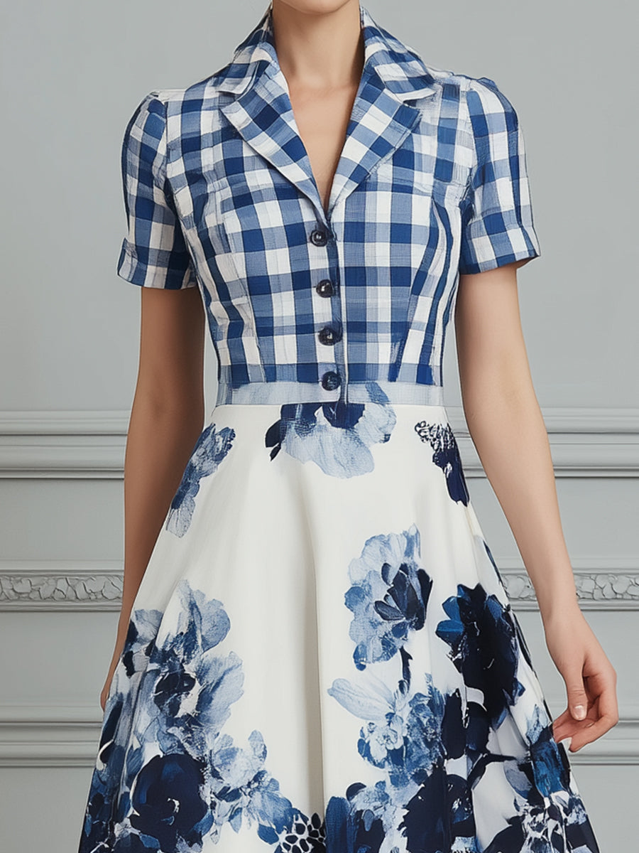 Plaid And Floral Print Patchwork A-Line Midi Dress