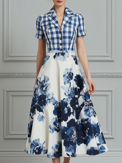 Plaid And Floral Print Patchwork A-Line Midi Dress