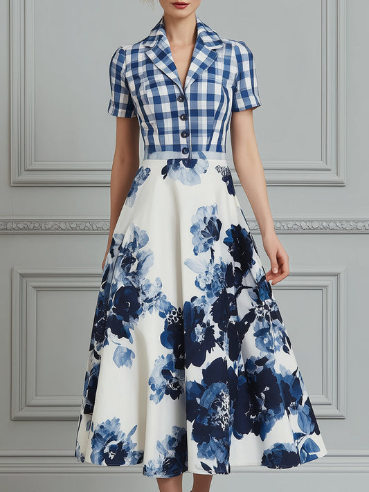 Plaid And Floral Print Patchwork A-Line Midi Dress