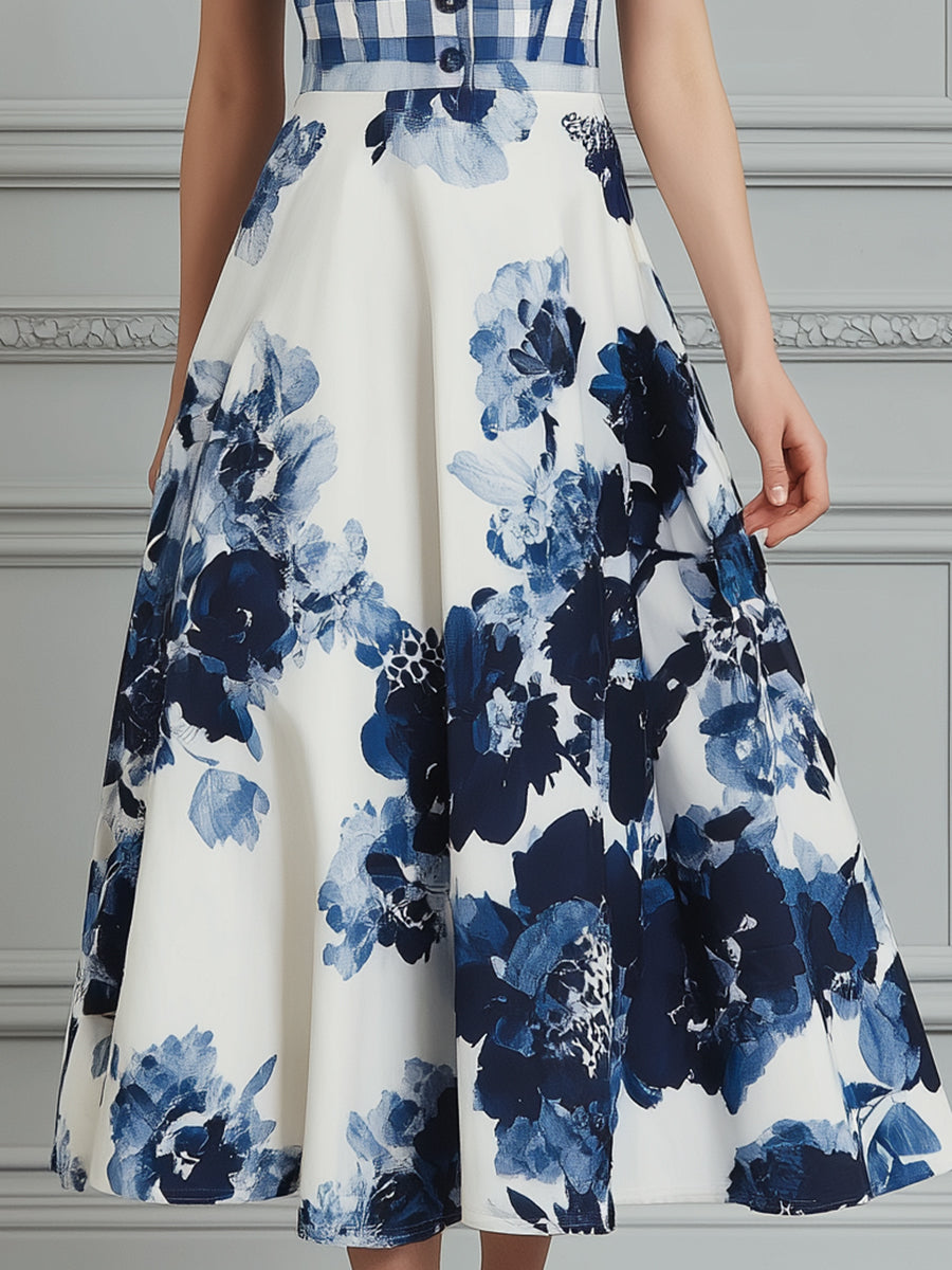 Plaid And Floral Print Patchwork A-Line Midi Dress