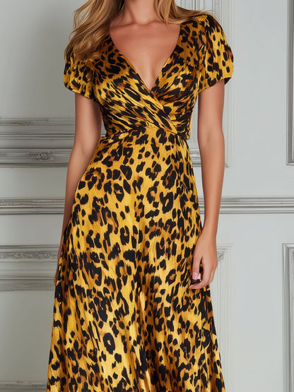 Leopard Print V-Neck Wrap Waist A-Line Maxi Dress