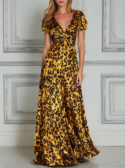 Leopard Print V-Neck Wrap Waist A-Line Maxi Dress