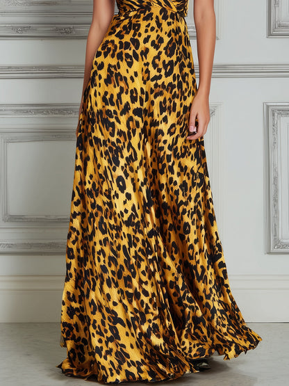 Leopard Print V-Neck Wrap Waist A-Line Maxi Dress