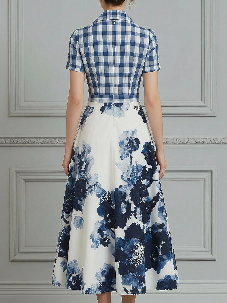 Plaid And Floral Print Patchwork A-Line Midi Dress