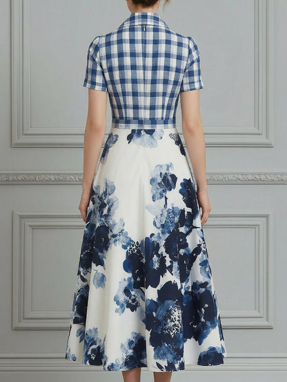 Plaid And Floral Print Patchwork A-Line Midi Dress