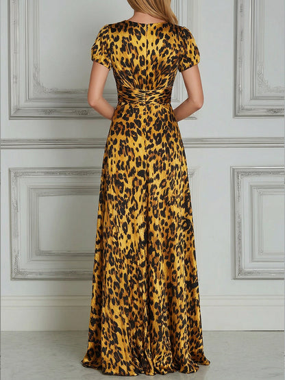 Leopard Print V-Neck Wrap Waist A-Line Maxi Dress