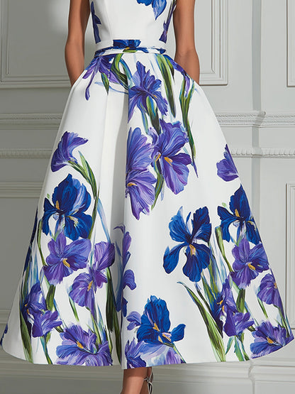 Elegant Iris Floral A-Line Midi Dress
