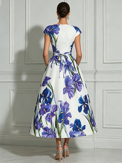 Elegant Iris Floral A-Line Midi Dress