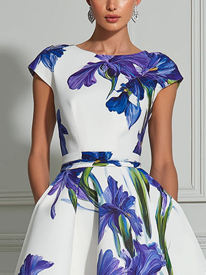 Elegant Iris Floral A-Line Midi Dress