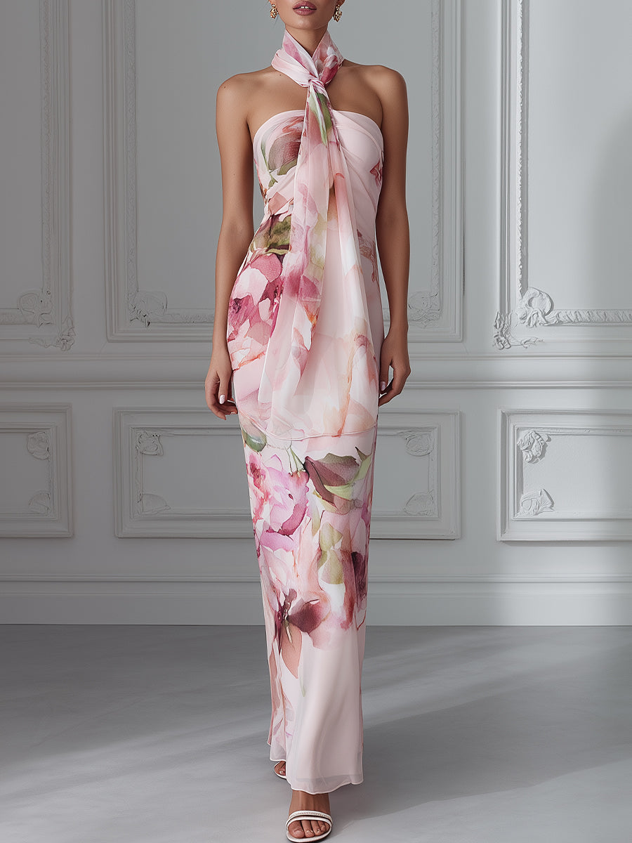 Halter Neck Floral Draped Bodycon Maxi Dress