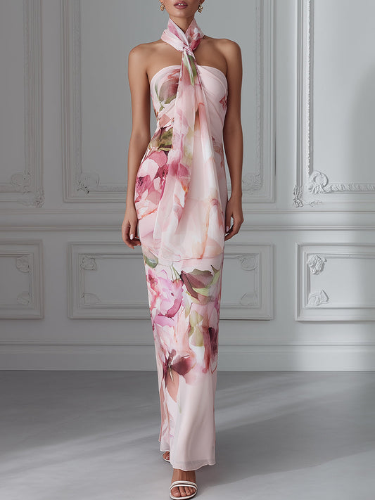 Halter Neck Floral Draped Bodycon Maxi Dress