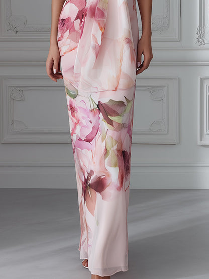 Halter Neck Floral Draped Bodycon Maxi Dress