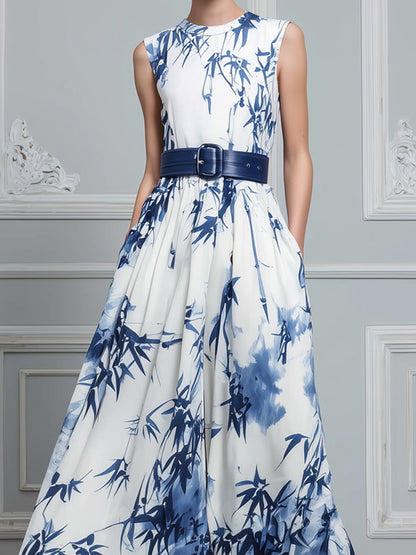 Sleeveless Blue And White Ink Bamboo Print Chiffon Maxi Dress