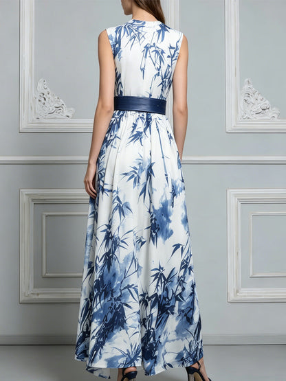 Sleeveless Blue And White Ink Bamboo Print Chiffon Maxi Dress