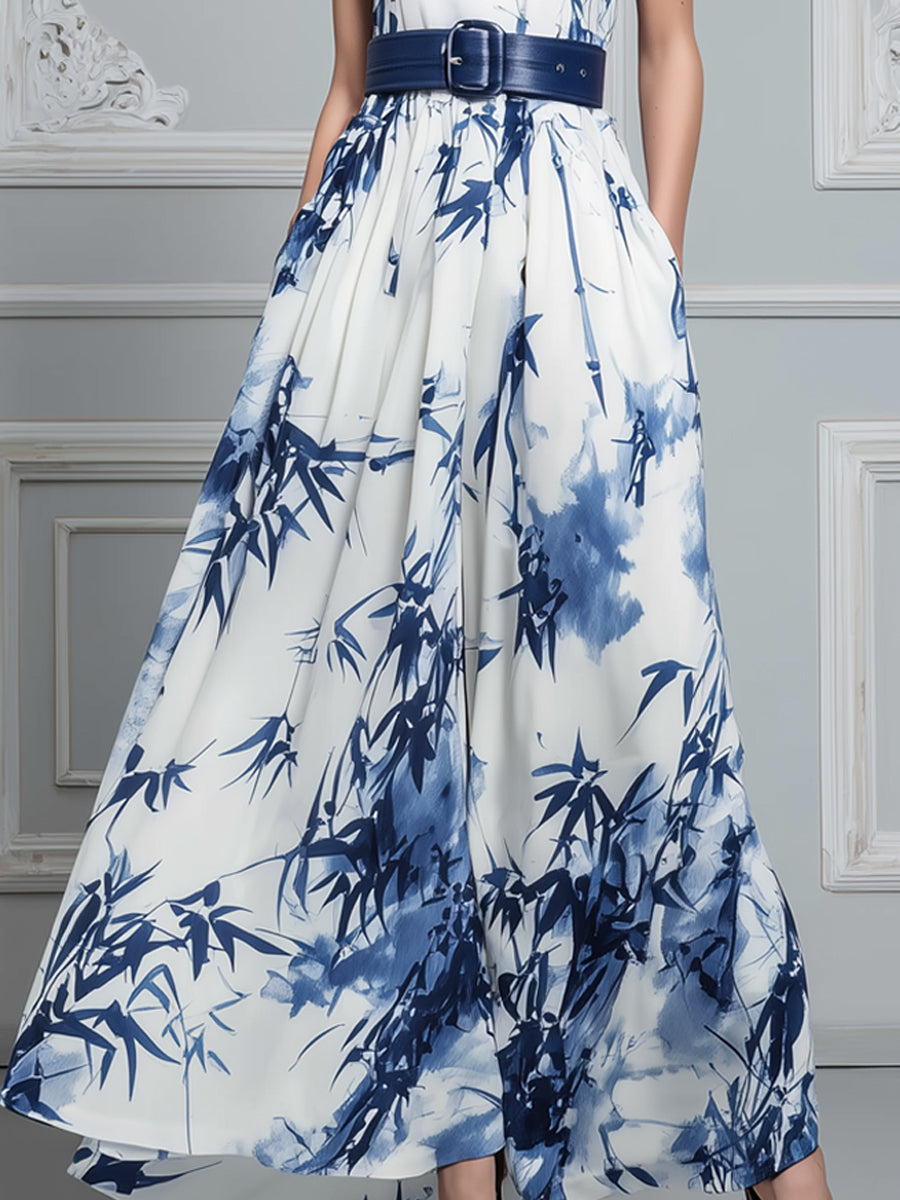Sleeveless Blue And White Ink Bamboo Print Chiffon Maxi Dress