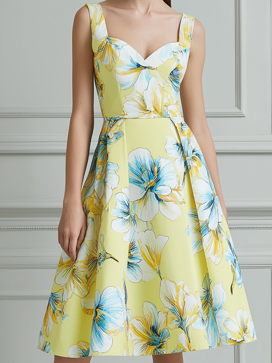 Floral Print Sweetheart A-Line Midi Dress