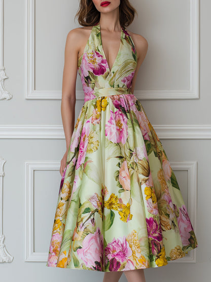 Halter Neck Floral Print A-Line Midi Dress