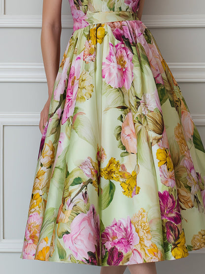 Halter Neck Floral Print A-Line Midi Dress