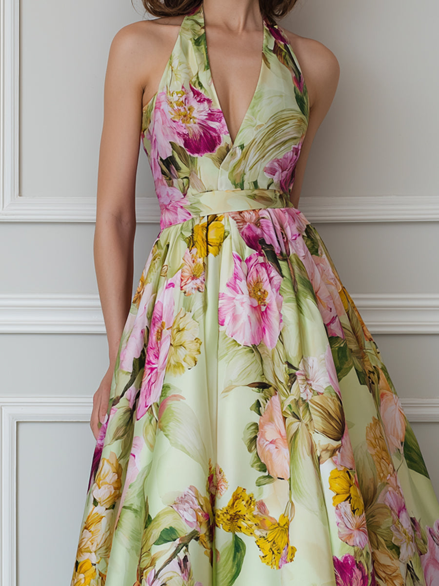 Halter Neck Floral Print A-Line Midi Dress