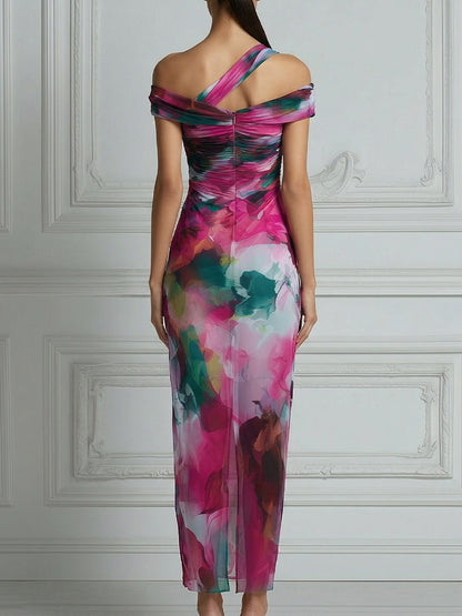 Asymmetric Off-Shoulder Watercolor Print Bodycon Midi Dress