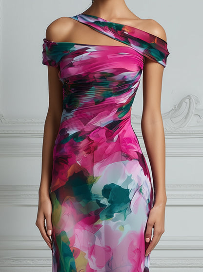 Asymmetric Off-Shoulder Watercolor Print Bodycon Midi Dress