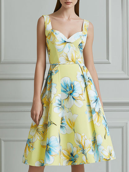 Floral Print Sweetheart A-Line Midi Dress