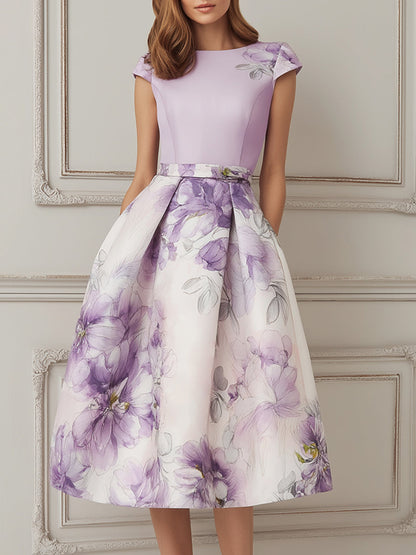 Lavender Purple Floral Print A-Line Midi Dress