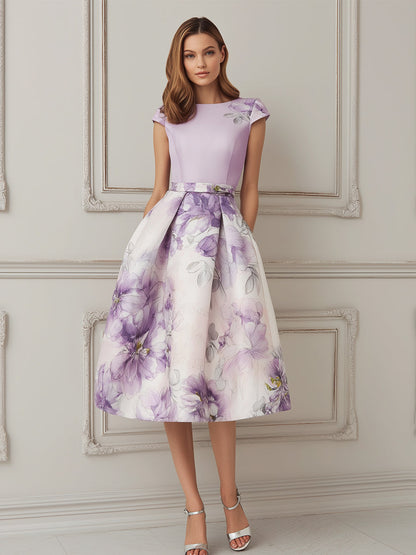 Lavender Purple Floral Print A-Line Midi Dress