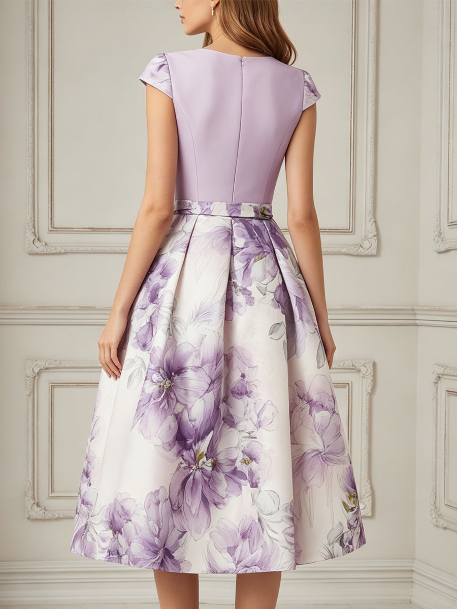 Lavender Purple Floral Print A-Line Midi Dress