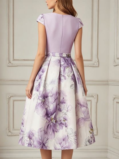 Lavender Purple Floral Print A-Line Midi Dress