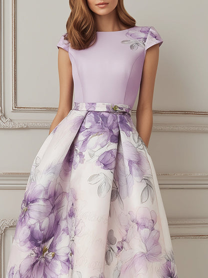 Lavender Purple Floral Print A-Line Midi Dress